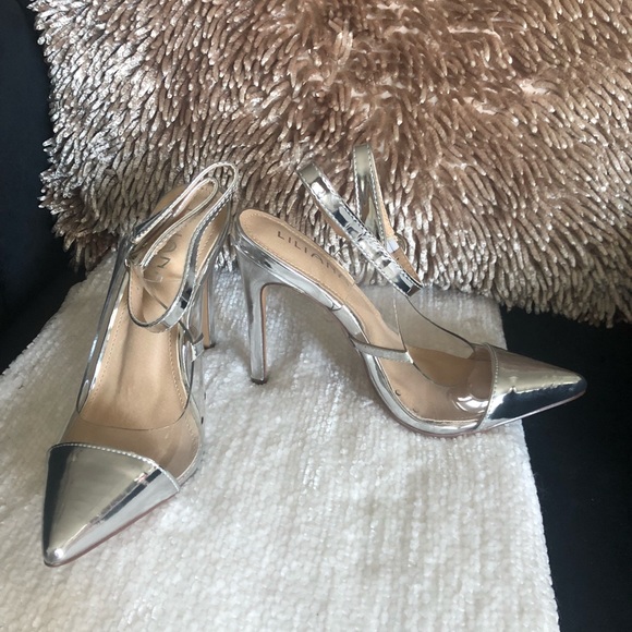 COPY - Liliana ankle strap metallic sling back heel / clear pointy toe pumps - Picture 4 of 10